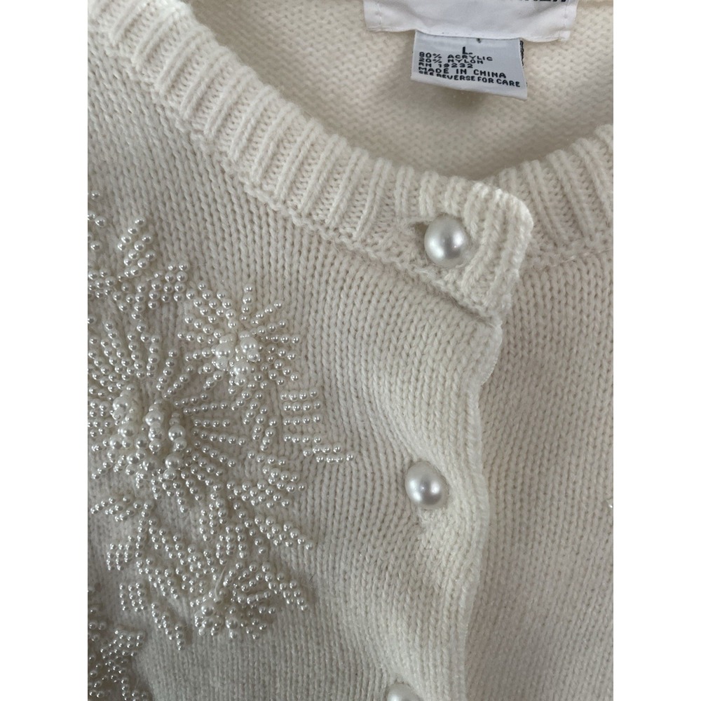 VTG Alfred Dunner Beaded Embellished White/ Cardigan Sweater GrandmaCore Sz Lg - Picture 4 of 6